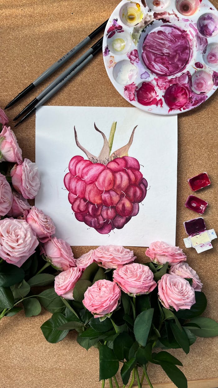 Vibrant watercolor painting of raspberry surrounded by pink roses and art supplies.
