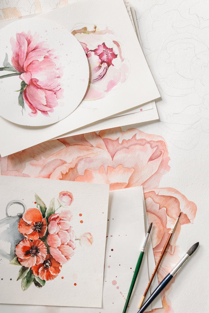 Colorful watercolor paintings of flowers with paintbrushes on white paper.